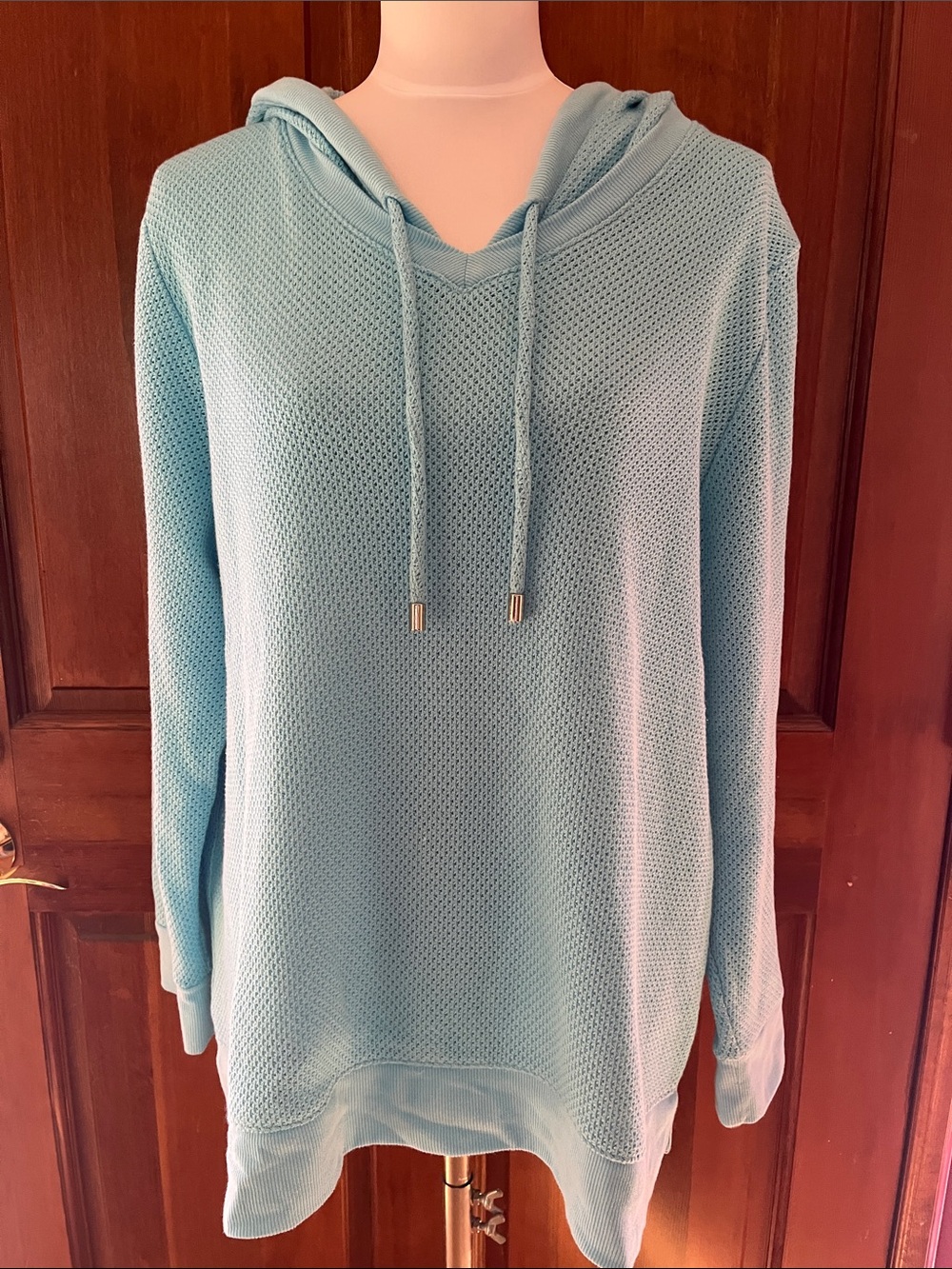 Chico's Turquoise Blue V-Neck Airy Knit Hoodie